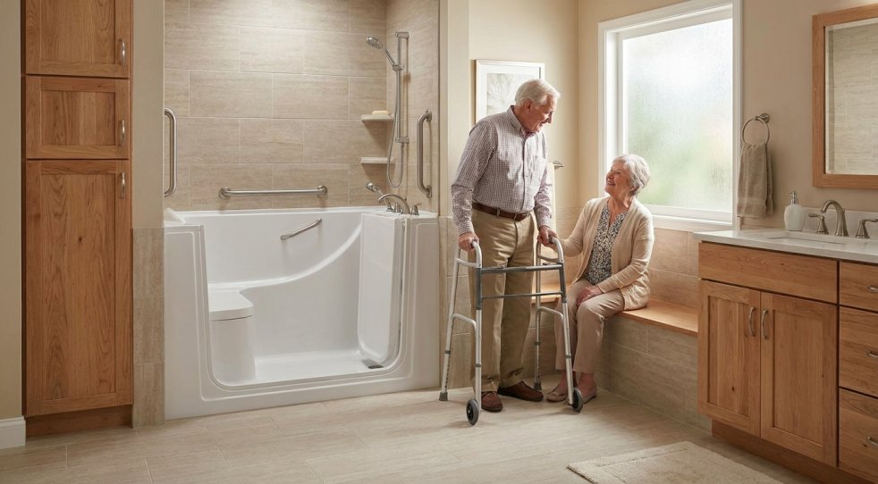 Senior couple in a bathroom with a walk-in tub and walker, discussing safe bathing