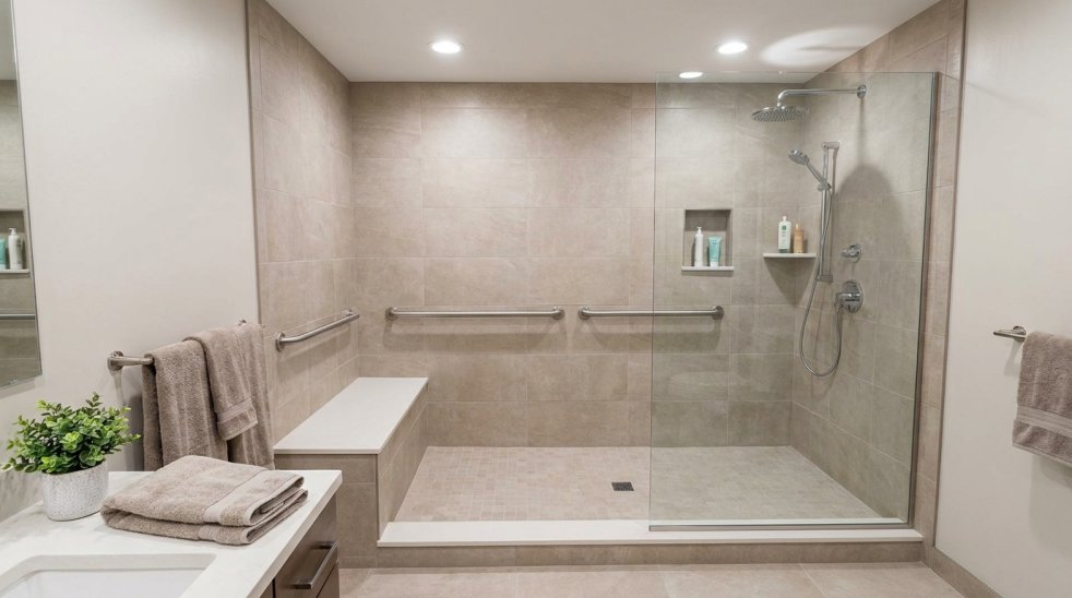 Modern walk-in shower with glass door, bench seating and tiled walls in a bathroom